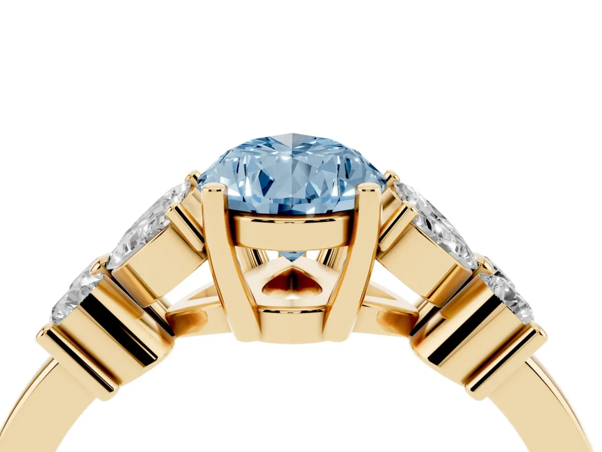 Fancy Blue Pear Cut Diamond Floral Cluster Ring with Solitaire Band and Prong Setting Yellow gold