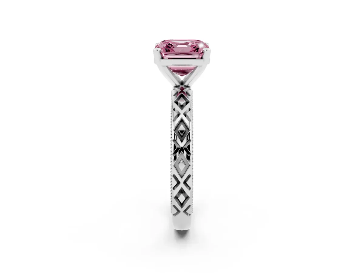 Fancy Pink Asscher Cut Solitaire Diamond Ring with Milgrain and Black Enamel X Pattern Band Silver