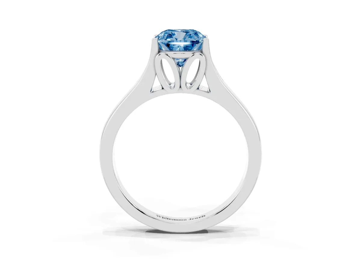 Fancy Blue Cushion Cut Solitaire Diamond Ring with Cathedral Band and Four-Prong Setting Silver