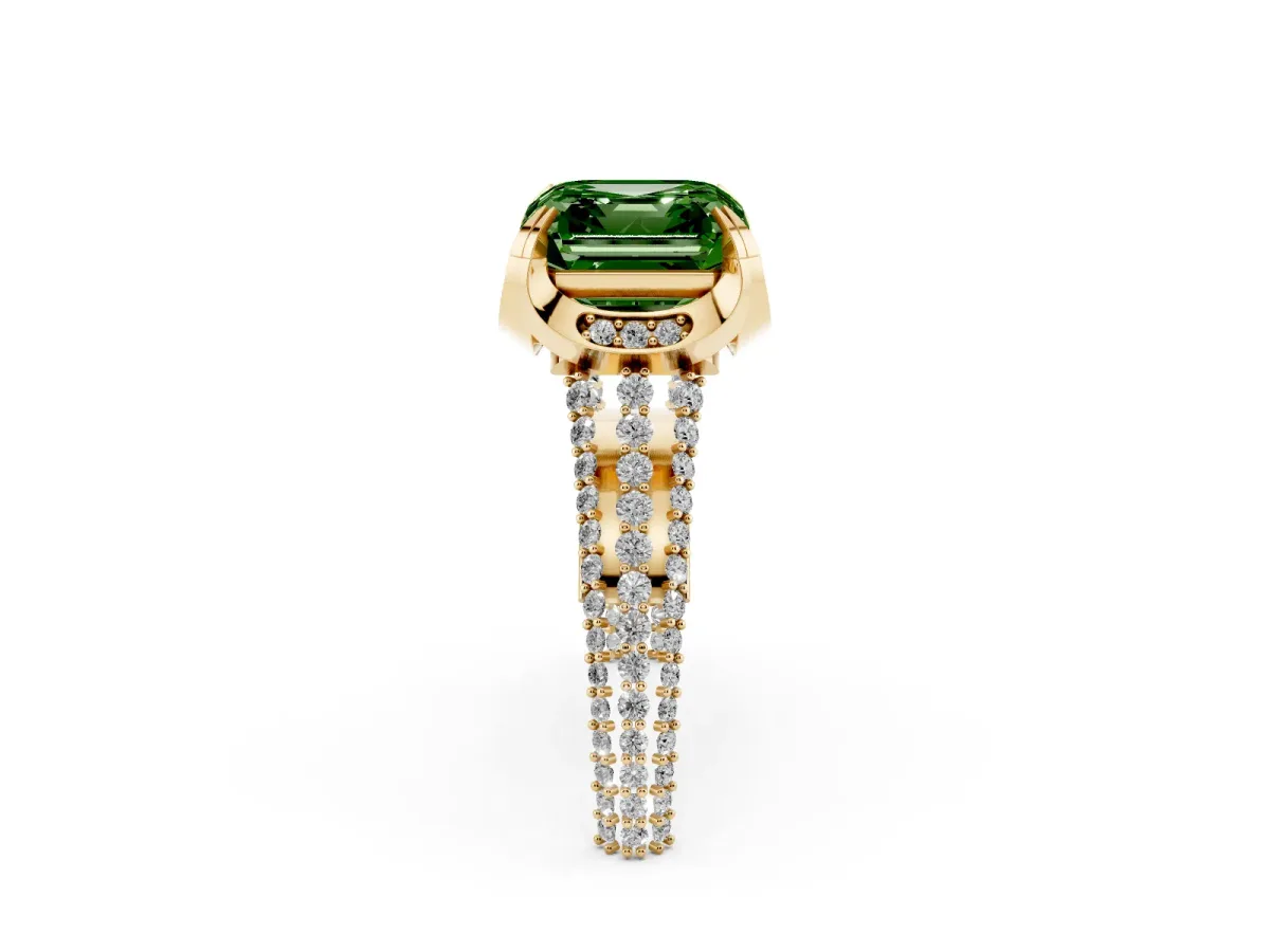 Fancy Green Asscher Cut Solitaire Pave Split Shank Ring with Four-Prong Setting Yellow gold