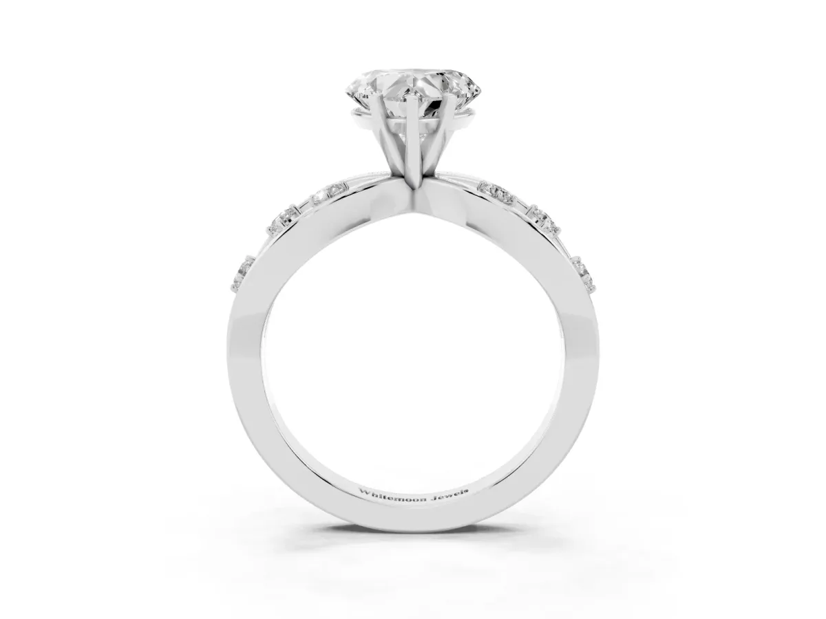 Heart Cut Cut Solitaire Diamond with Side Stones on Criss-Cross Band and Four-Prong Setting Silver