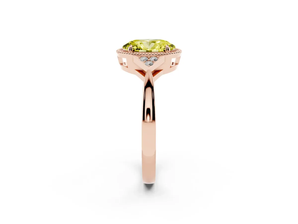 Fancy Yellow Hexagonal Halo Oval Cut Diamond Solitaire with Pavé Band and Four-Prong Setting Rose gold