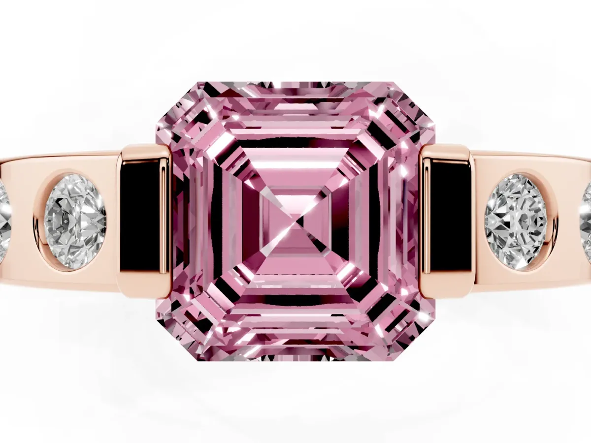 Fancy Pink Asscher Cut Brilliant Channel-Set Diamond Ring with Bezel Prong Setting Rose gold