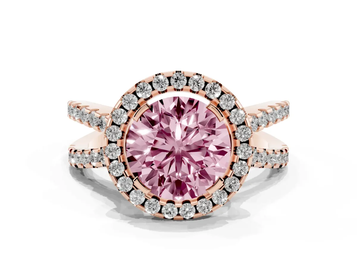 Fancy Pink Round Cut Diamond Halo Ring with Split Shank Pavé Band and Prong Setting Rose gold