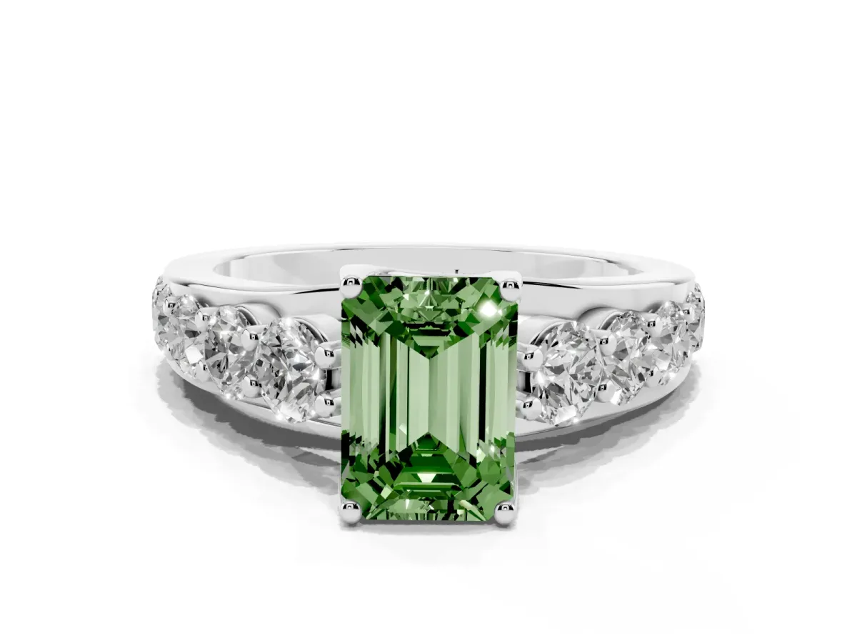 Fancy Green Emerald Cut Diamond Engagement Ring with Pavé Band and Four-Prong Setting Platinum