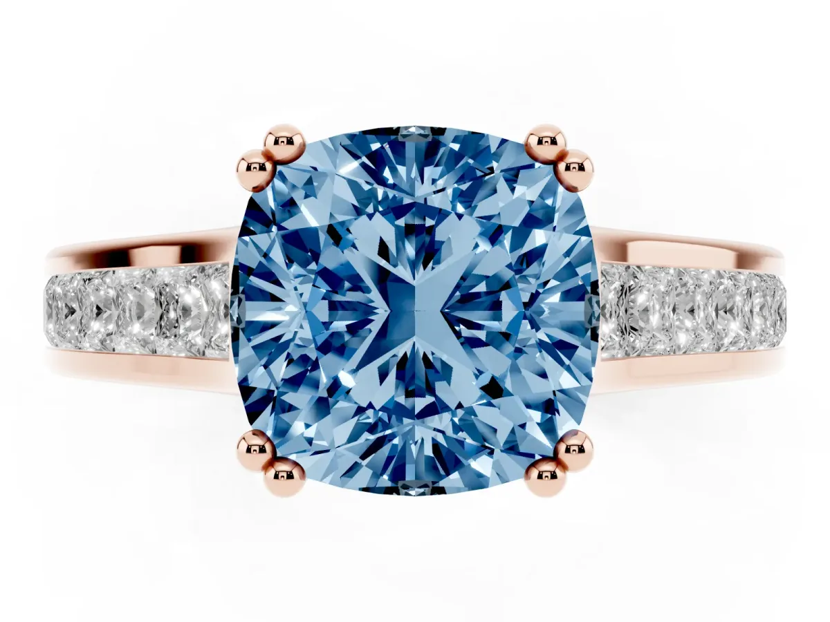 Fancy Blue Cushion Cut Cut Channel Set Solitaire Engagement Ring with Prong Setting Rose gold