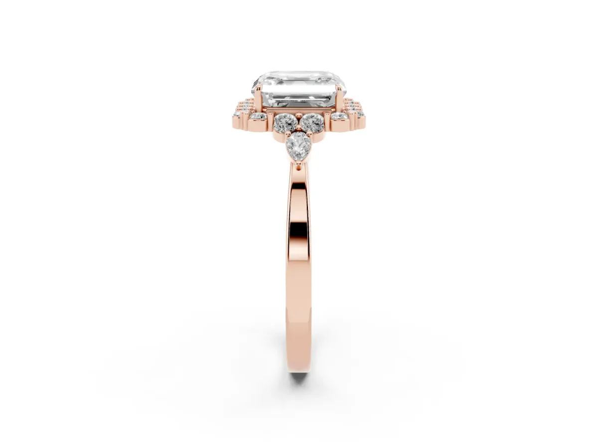 Asscher Cut Diamond Halo Ring with Pear Side Stones and Prong Setting Rose gold