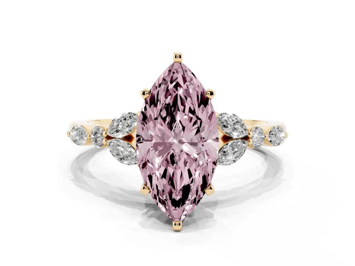 Fancy Pink Marquise Cut Diamond Solitaire Ring with Side Stones and Four-Prong Setting Yellow gold