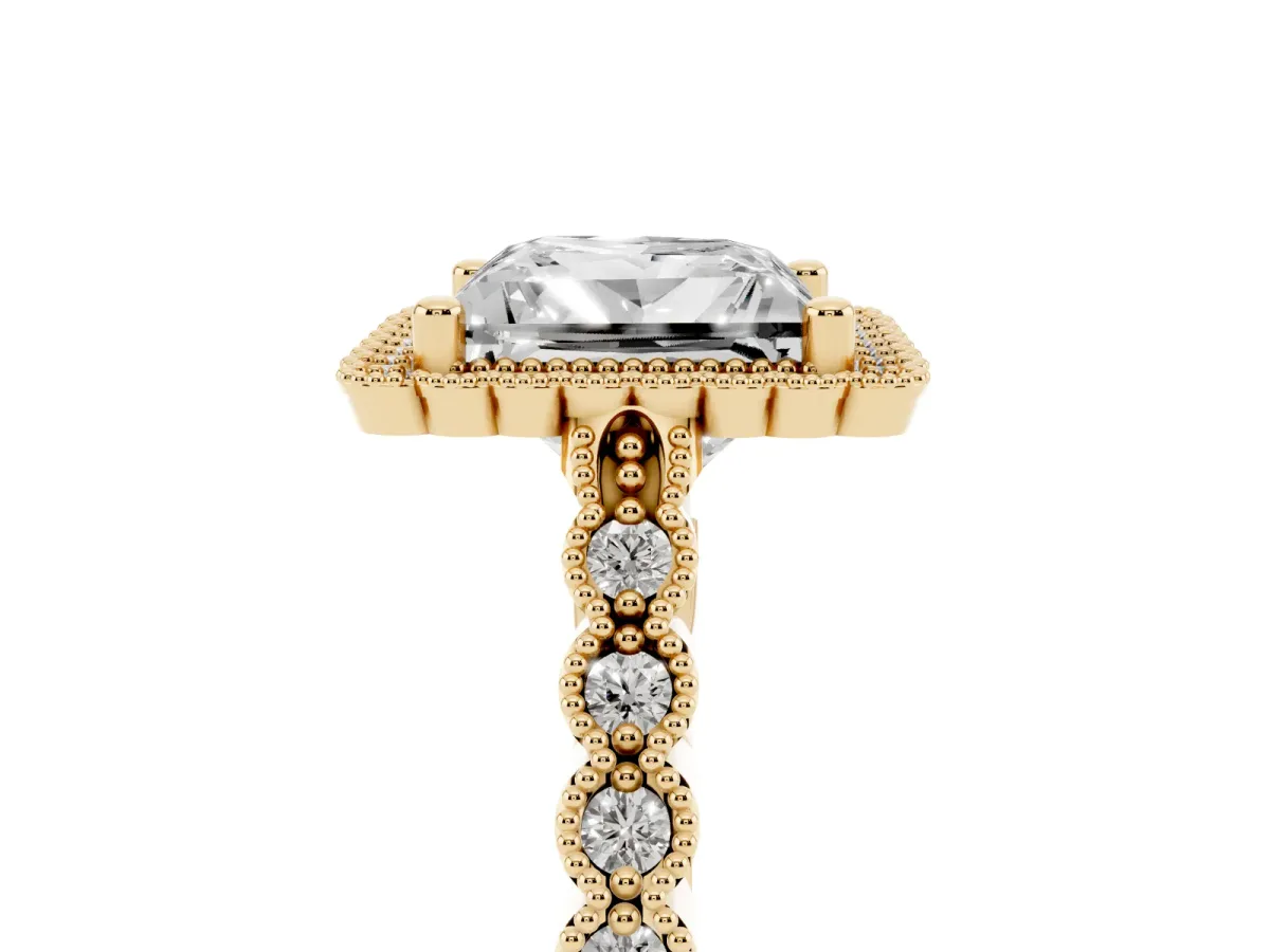 Princess Cut Cut Halo Pavé Solitaire Ring with Milgrain Band Yellow gold
