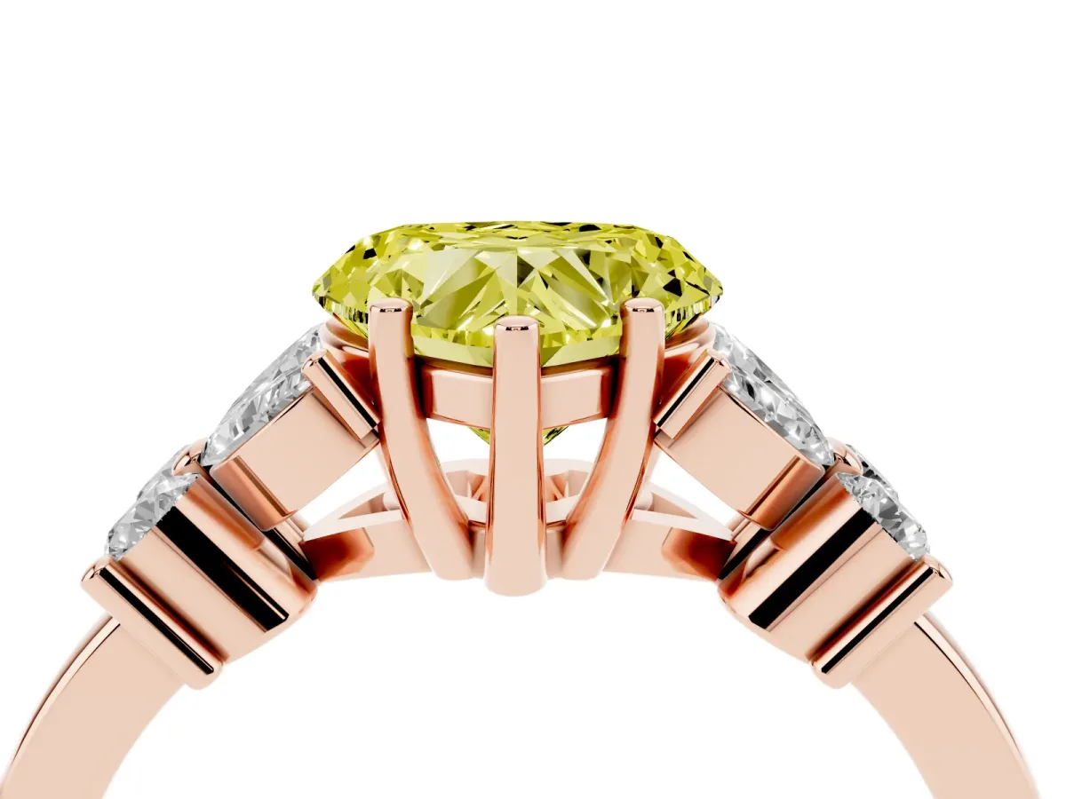 Fancy Yellow Heart Cut Diamond Floral Cluster Ring with Solitaire Band and Prong Setting Rose gold