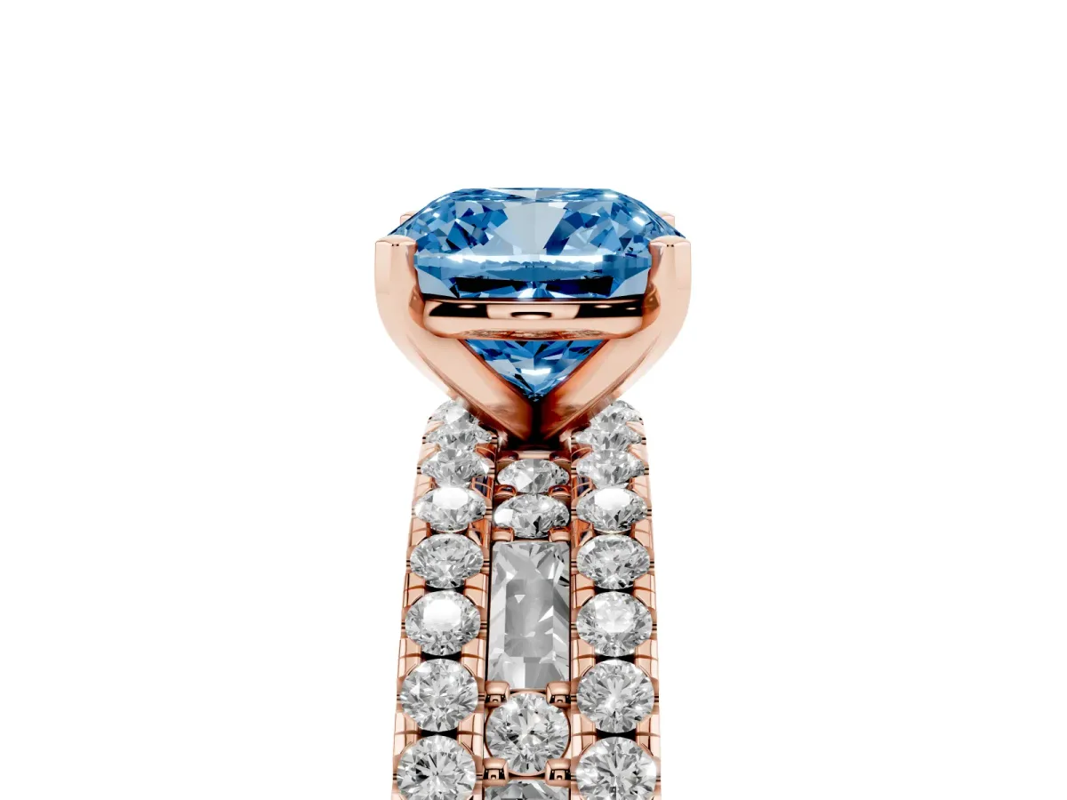 Fancy Blue Cushion Cut Diamond Solitaire Ring with Pavé and Channel Set Band Rose gold
