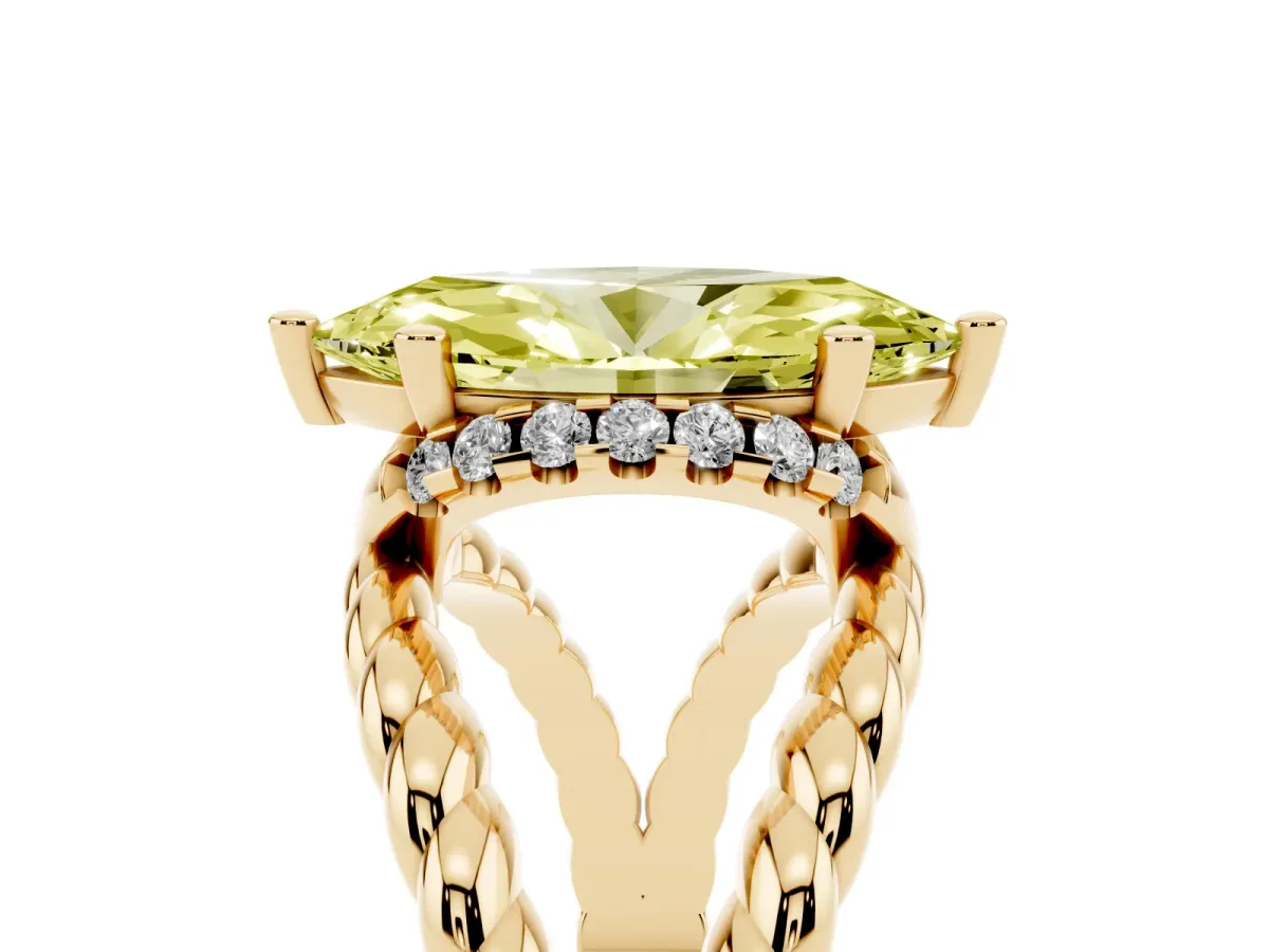 Fancy Yellow Marquise Cut Halo Twisted Band Four-Prong Ring Yellow gold