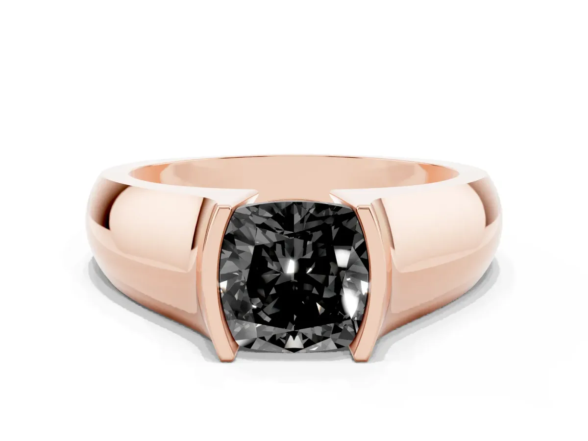 Fancy Black Cushion Cut Solitaire Bezel Set Diamond Ring with Wide Band Rose gold