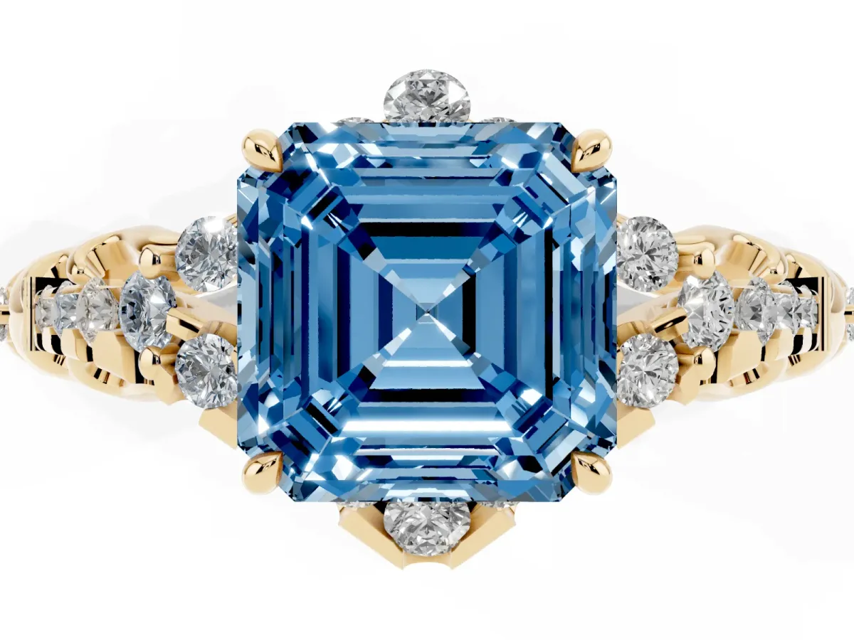 Fancy Blue Asscher Cut Diamond Solitaire Ring with Hidden Halo and Pavé Band Yellow gold