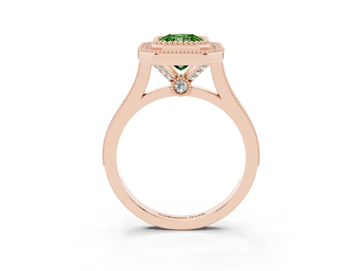 Fancy Green Radiant Cut Diamond Halo Ring with Milgrain Frame and Pavé Band Rose gold