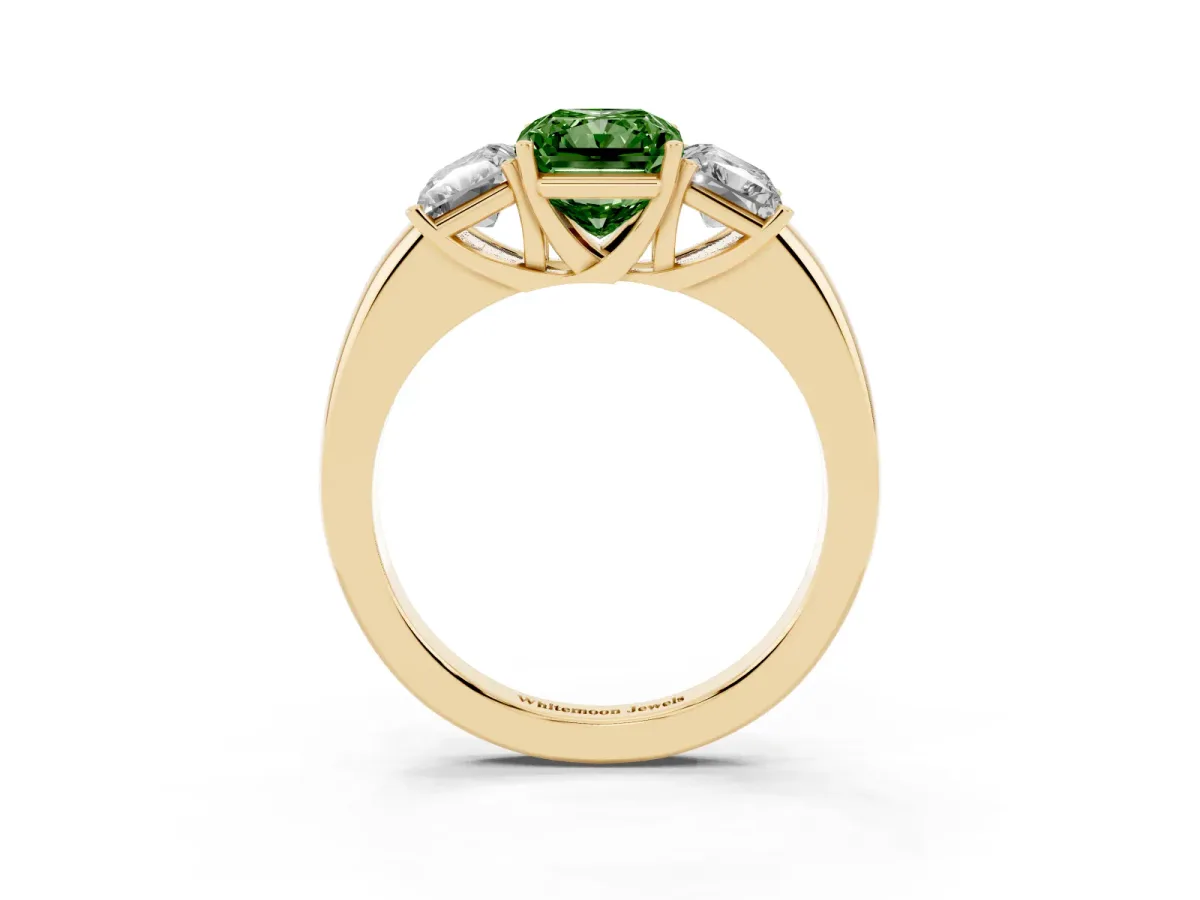 Fancy Green Radiant Cut Diamond Three-Stone Ring with Four-Prong Setting and Classic Band Yellow gold