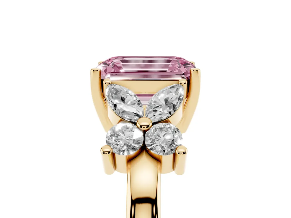 Fancy Pink Emerald Cut Diamond Floral Cluster Ring with Solitaire Band and Prong Setting Yellow gold