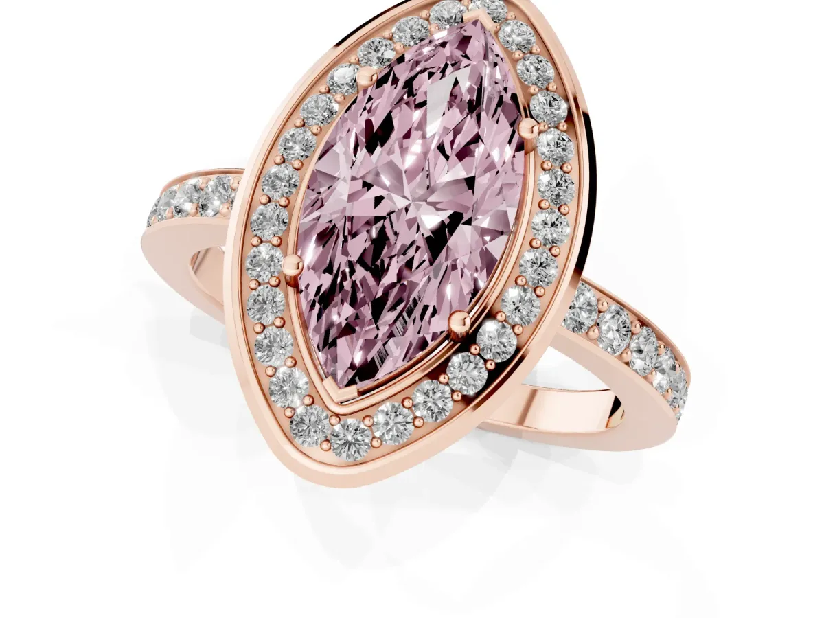 Fancy Pink Marquise Cut Diamond Halo Ring with Bezel Frame and Pavé Band Rose gold