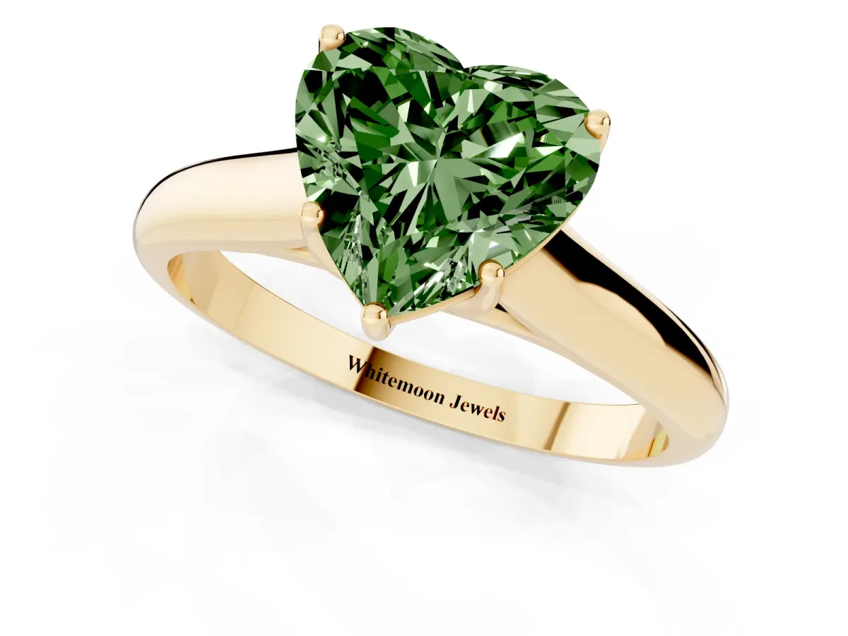 Fancy Green Heart Cut Cut Diamond Solitaire Engagement Ring with Tapered Plain Band and Four-Prong Setting Yellow gold