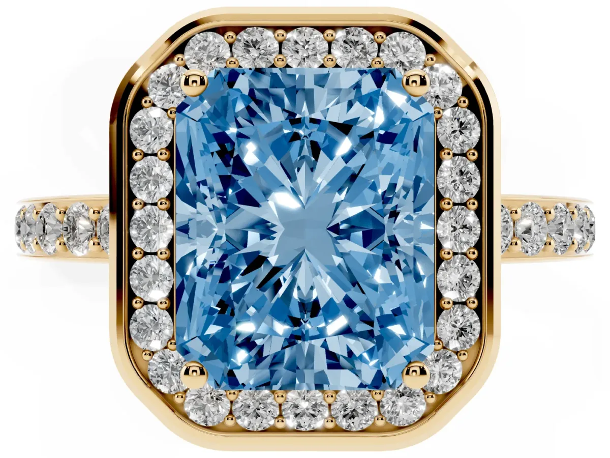 Fancy Blue Radiant Cut Diamond Halo Ring with Bezel Frame and Pavé Band Yellow gold
