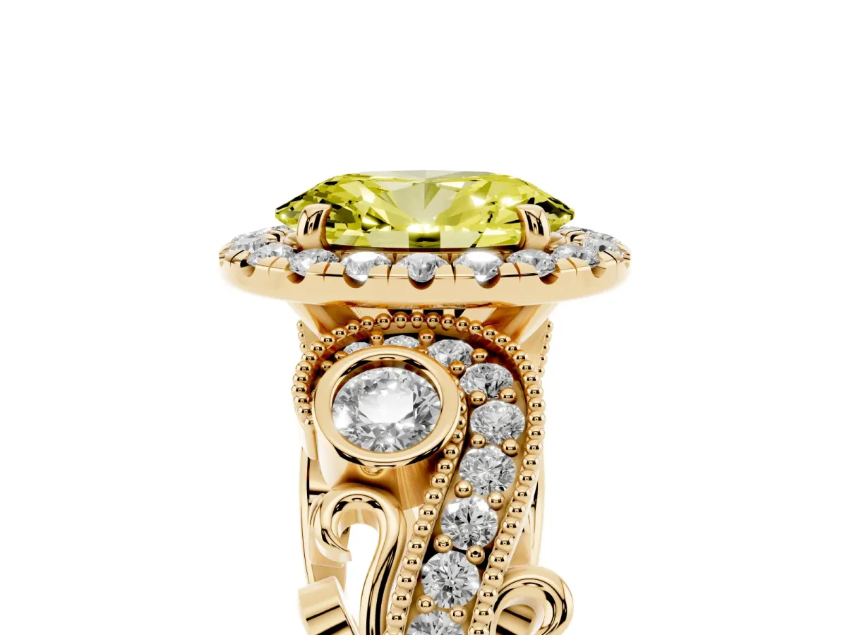 Fancy Yellow Oval Cut Halo Diamond Ring with Milgrain and Bezel Accents on a Split Shank Band Yellow gold