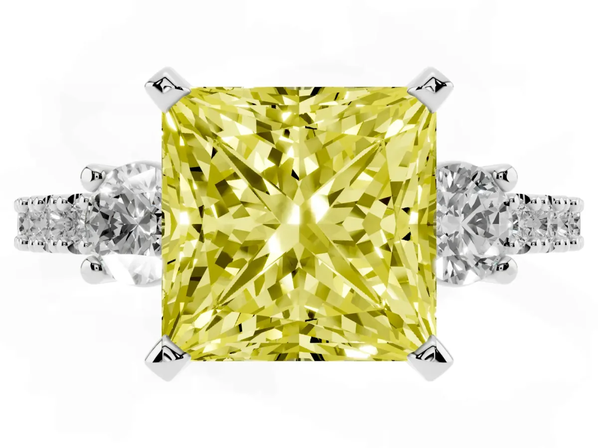 Fancy Yellow Princess Cut Three-Stone Diamond Pavé Band with Prong Setting Silver