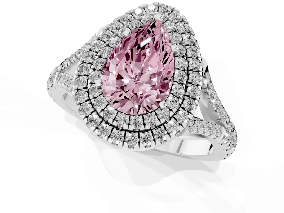 Fancy Pink Double Halo Pear Cut Diamond Split Shank Engagement Ring with Four-Prong Setting Silver