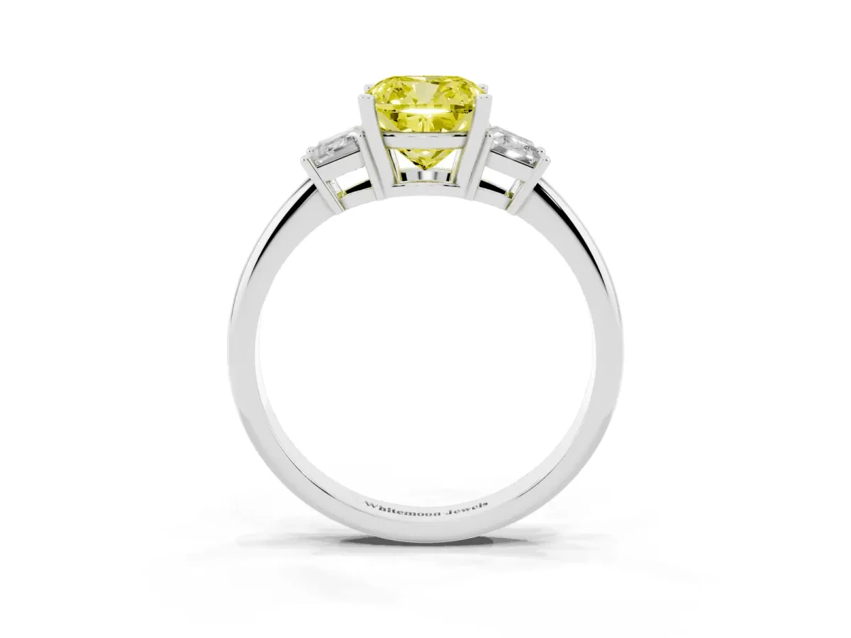 Fancy Yellow Cushion Cut Diamond Three-Stone Ring with Trapezoid Side Stones and Prong Setting Silver