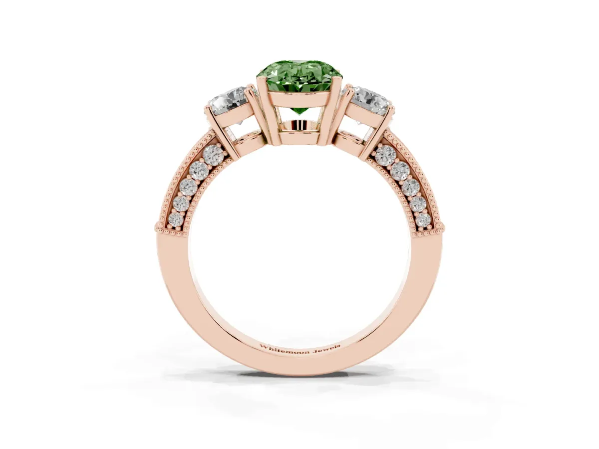 Fancy Green Oval Cut Three-Stone Diamond Ring with Pavé Band and Four-Prong Setting Rose gold