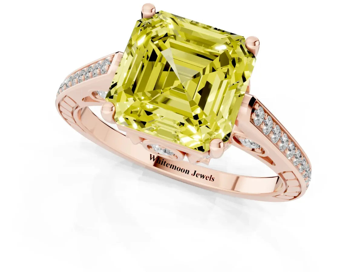 Fancy Yellow Asscher Cut Cut Cathedral Pave Diamond Engagement Ring with Six-Prong Setting Rose gold