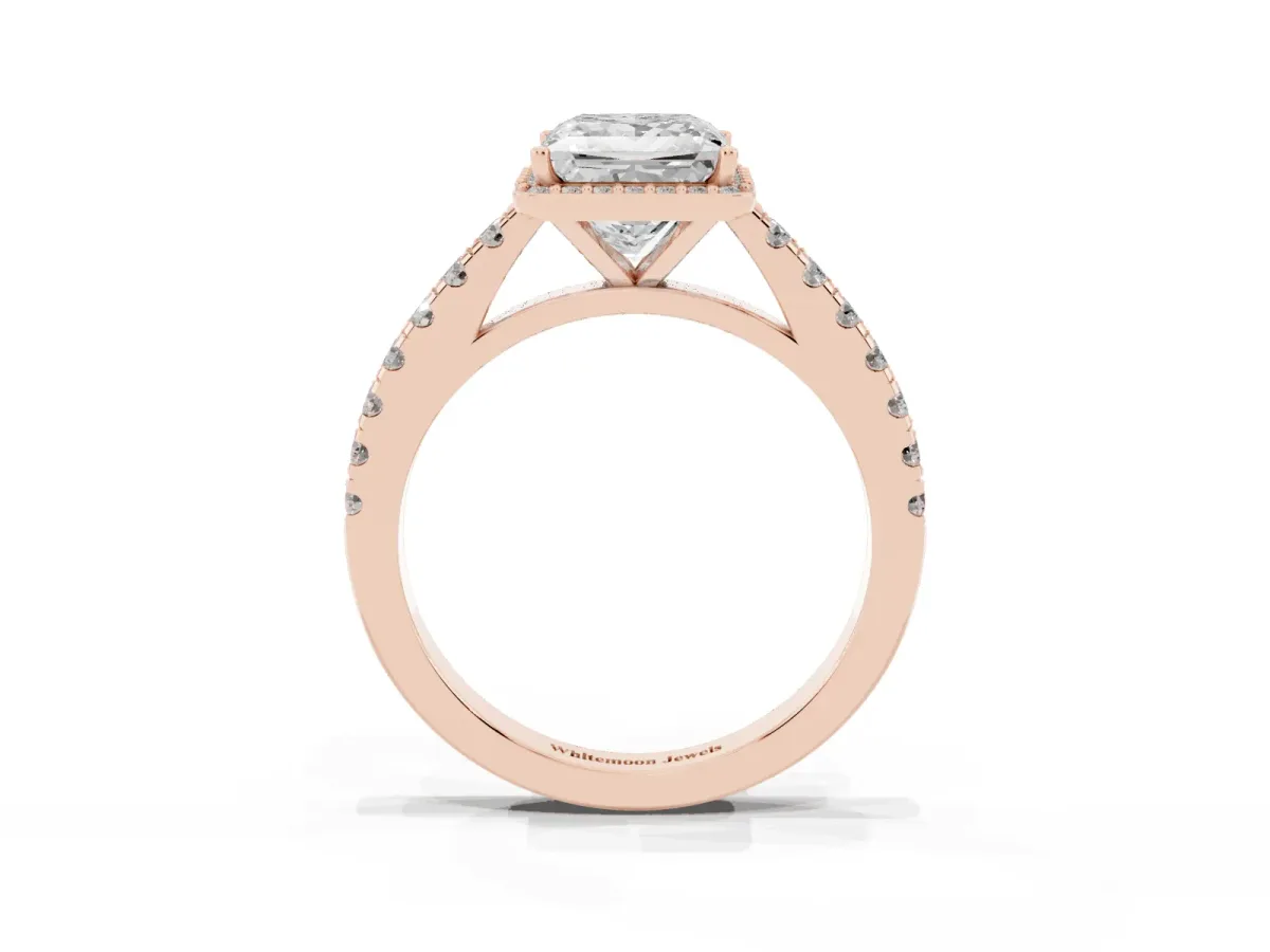 Princess Cut Cut Halo Diamond Engagement Ring with Pave Band and Four-Prong Setting Rose gold