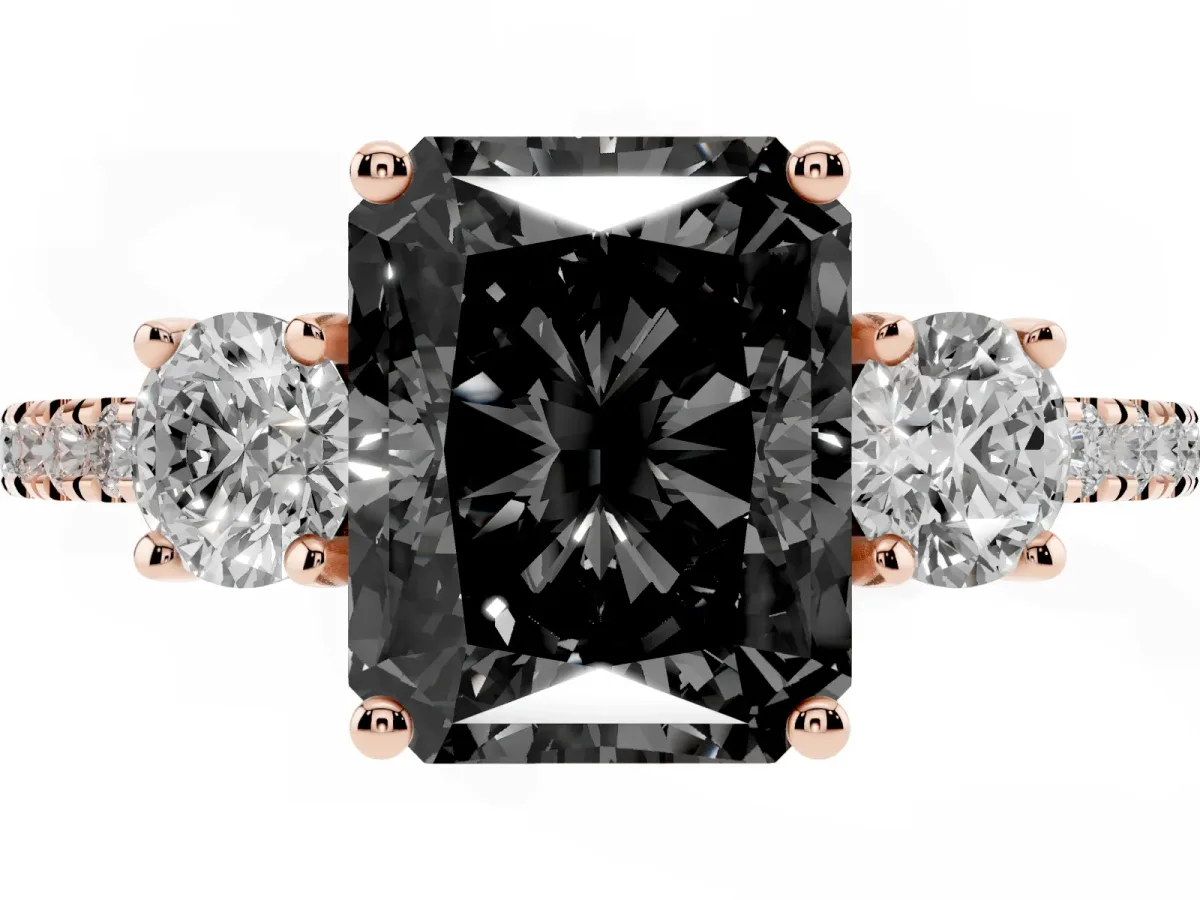 Fancy Black Three-Stone Radiant Cut Cut Diamond Pavé Band with Prong Setting Rose gold
