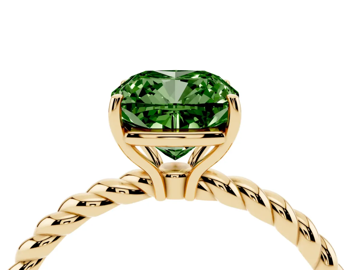 Fancy Green Cushion Cut Solitaire Twist Band Ring with Four-Prong Setting Yellow gold