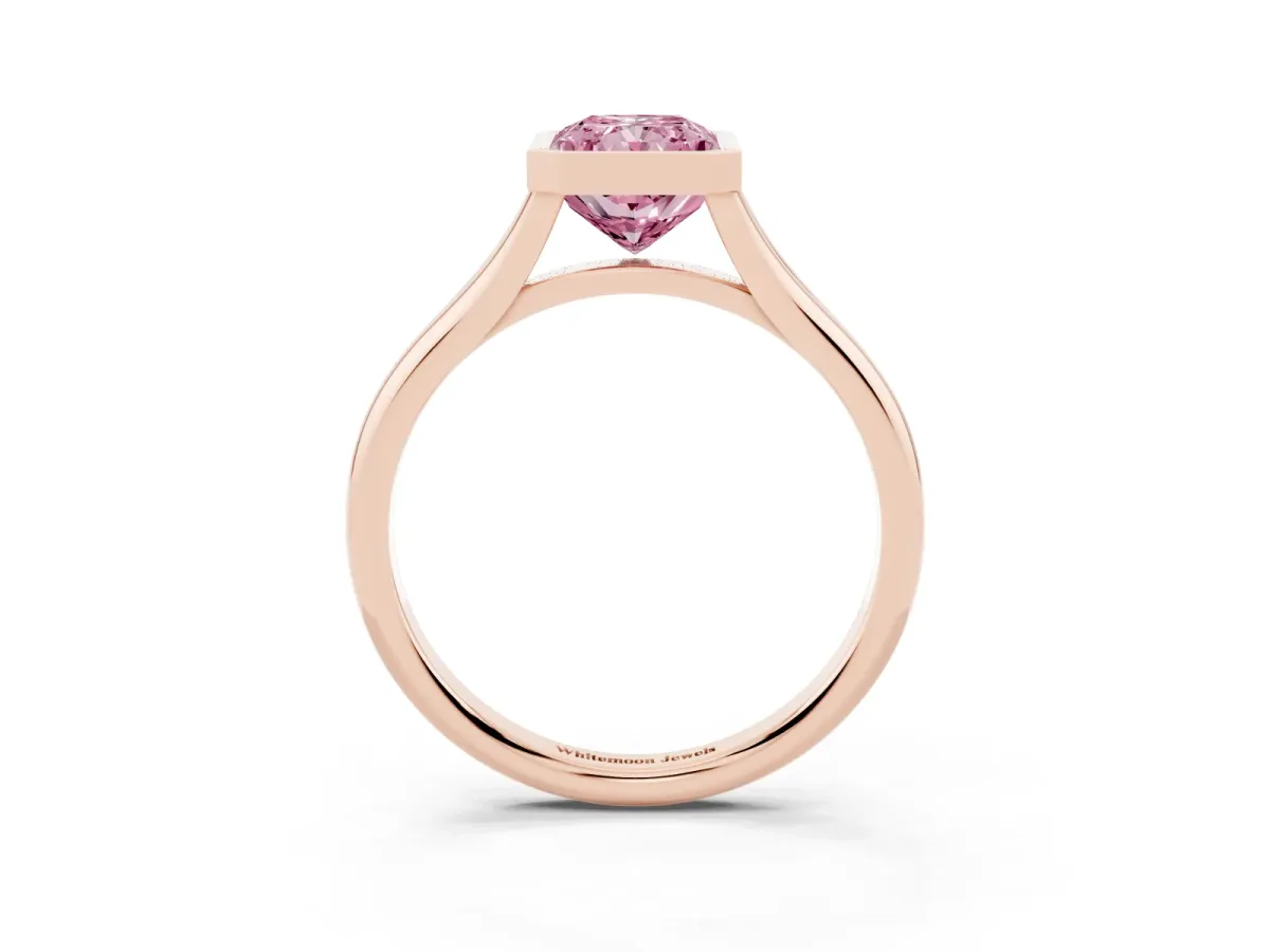 Fancy Pink Bezel Set Radiant Cut Cut Solitaire Ring with Tapered Band Rose gold