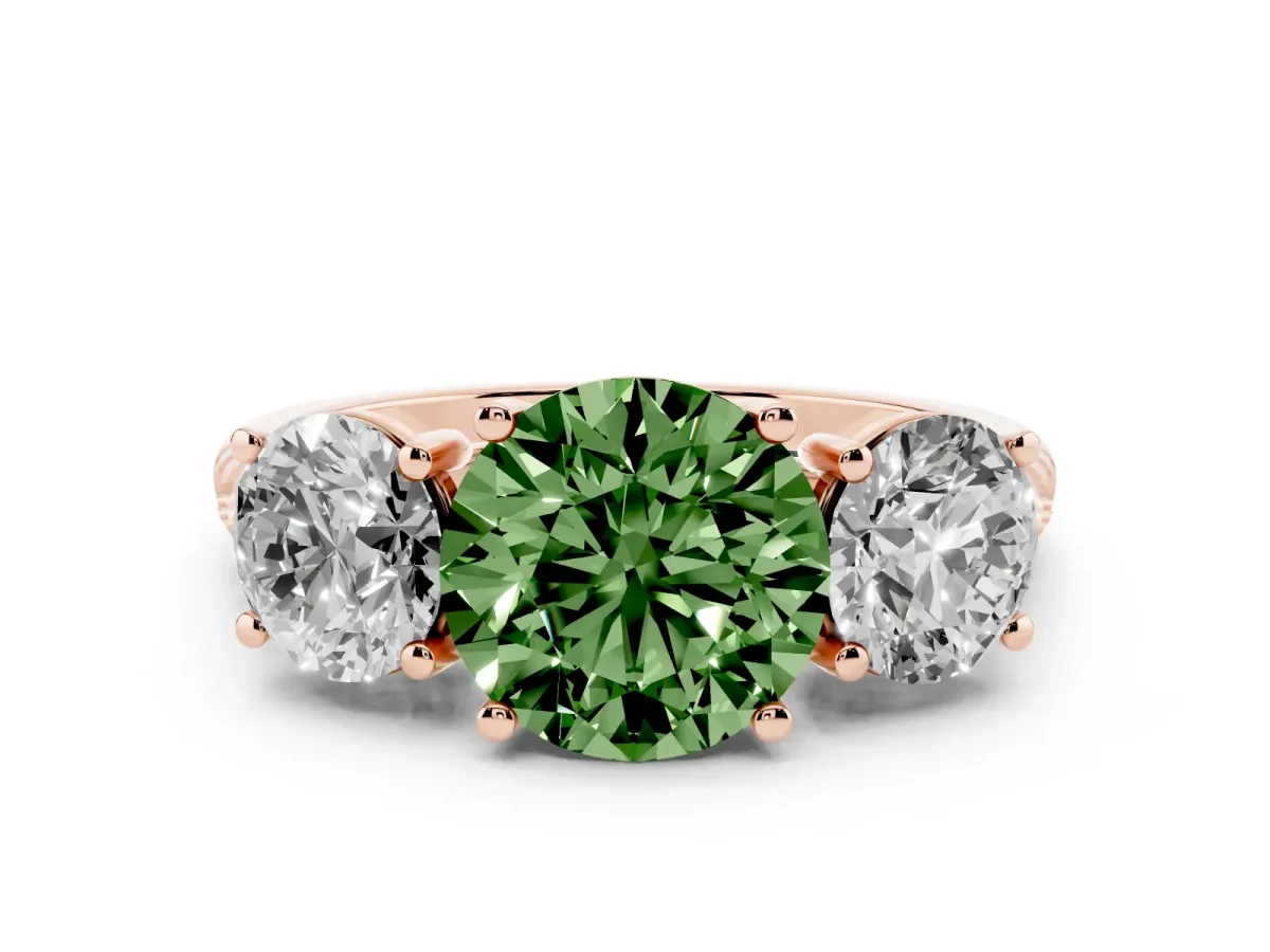 Fancy Green Three-Stone Round Cut Diamond Ring with Round Pavé Band and Prong Setting Rose gold