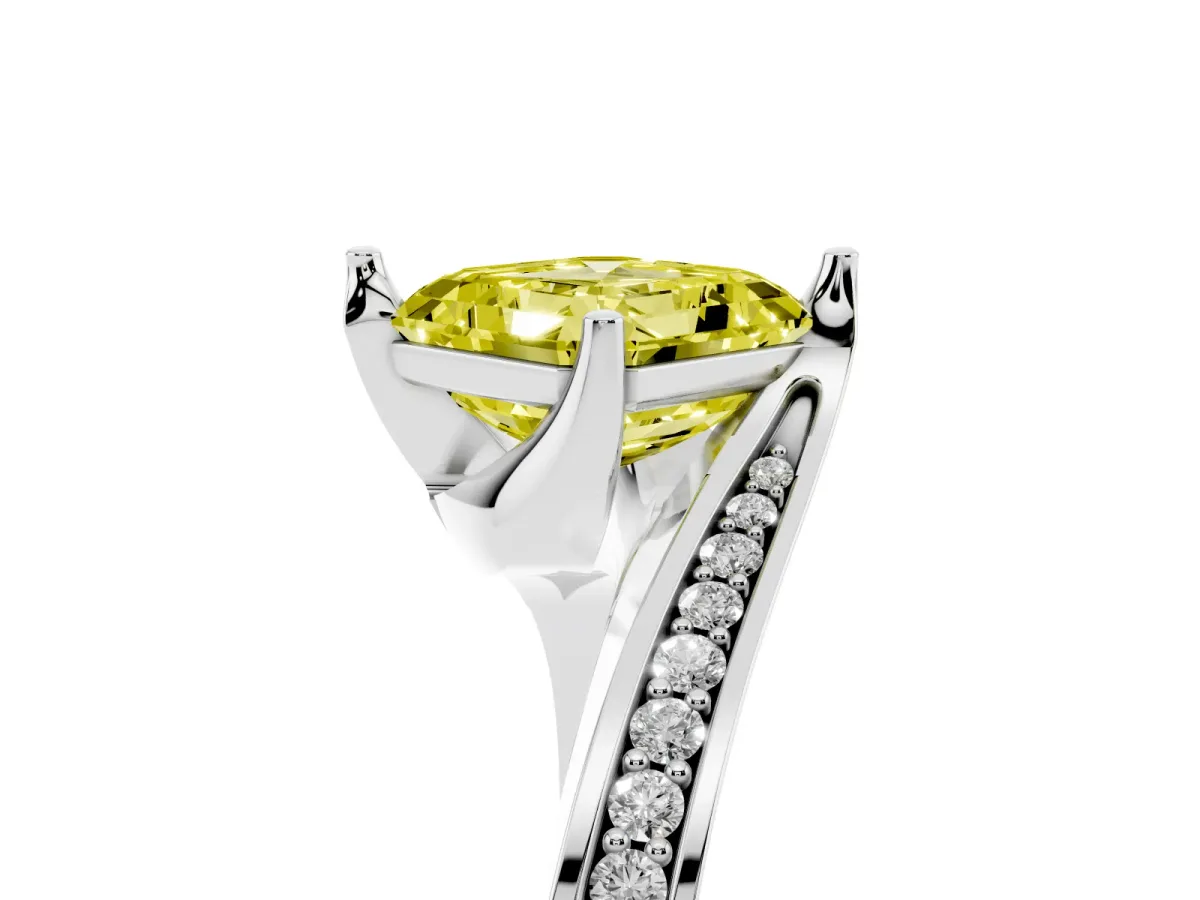 Fancy Yellow Asscher Cut Solitaire Diamond Twist Band with Pavé Setting and Four-Prong Setting Silver