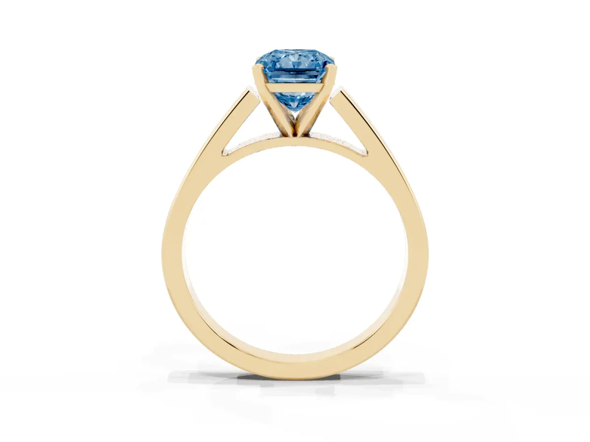 Fancy Blue Radiant Cut Solitaire Engagement Ring with Four-Prong Setting and Tapered Band Yellow gold