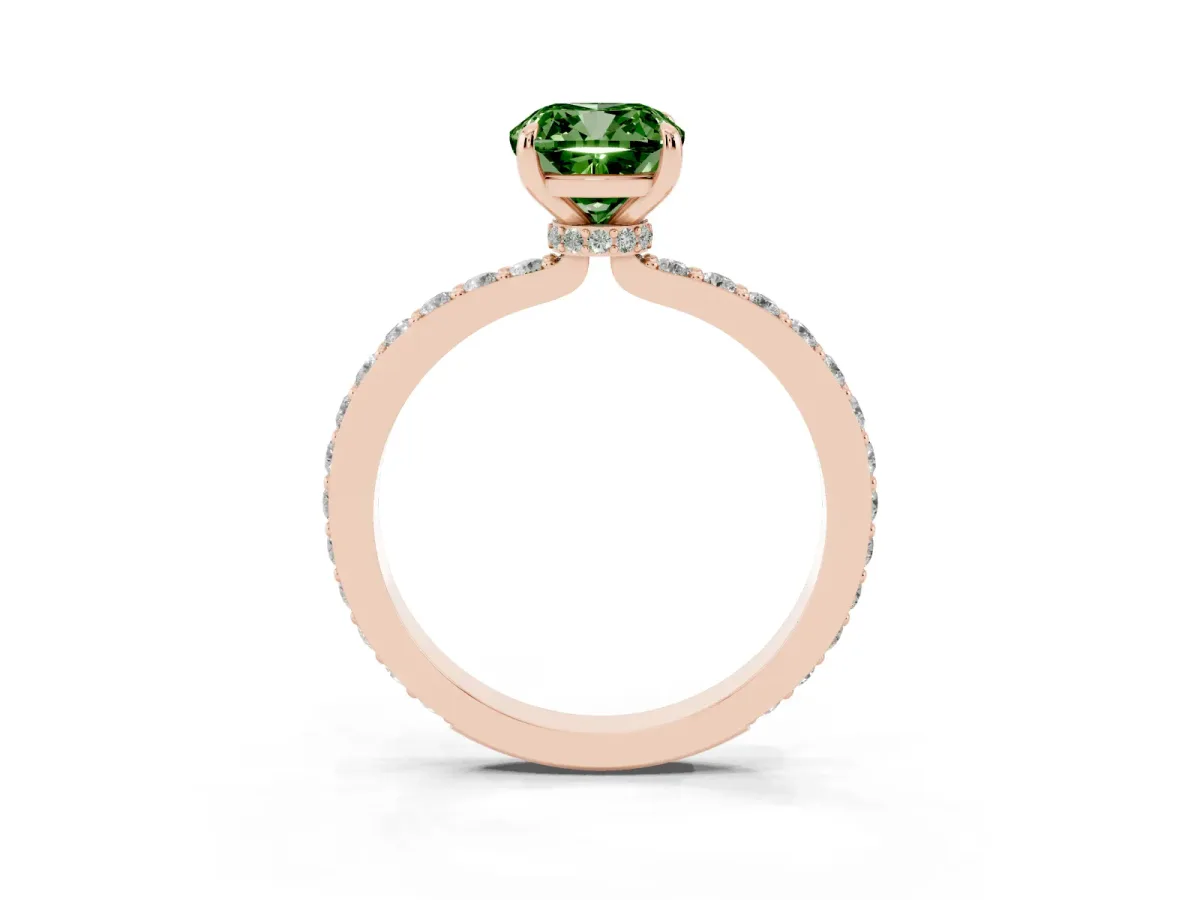 Fancy Green Cushion Cut Diamond Solitaire Engagement Ring with Pavé Band and Four-Prong Setting Rose gold