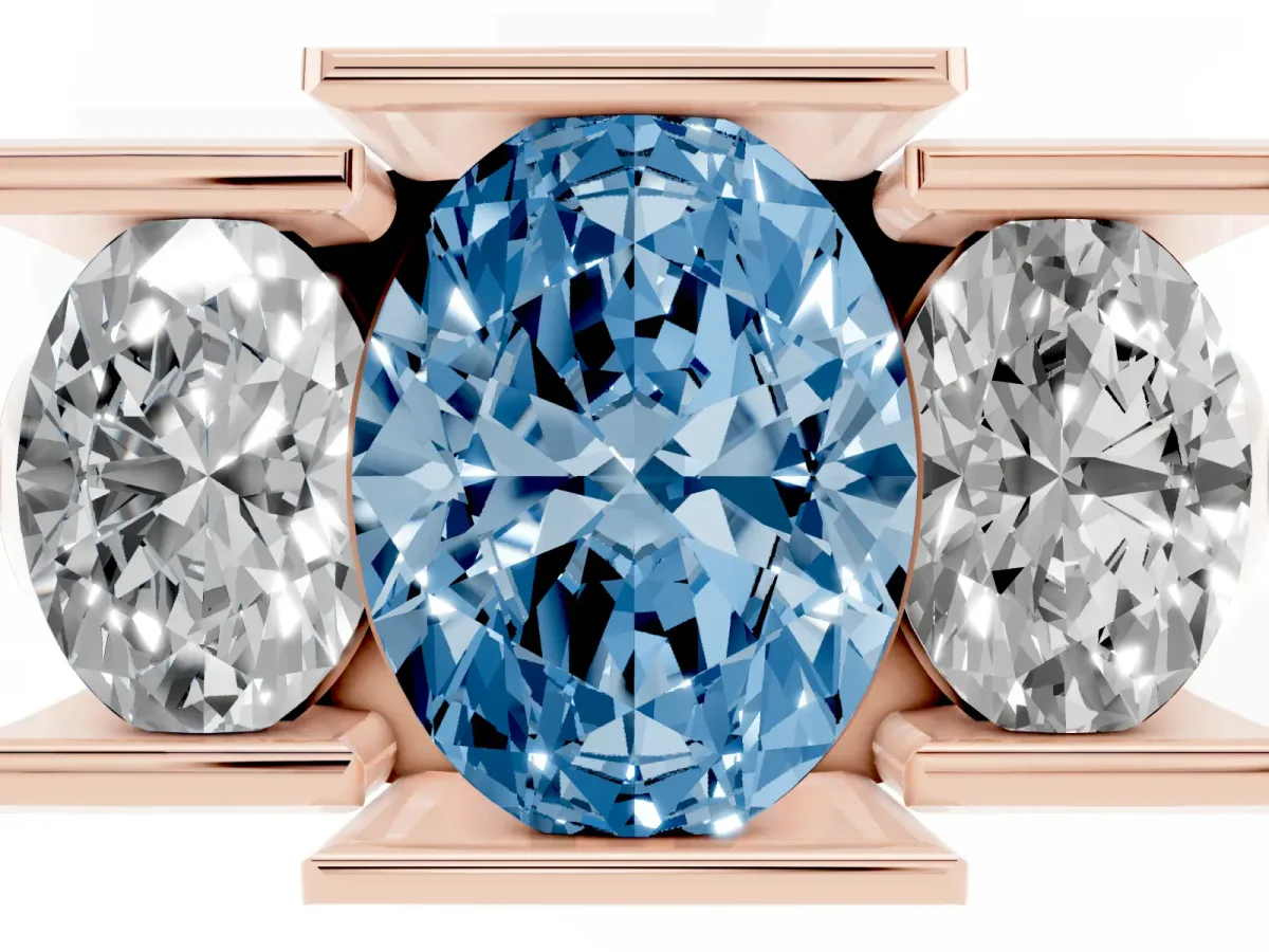 Fancy Blue Three Stone Oval Cut Cut Channel Set Diamond Ring Rose gold