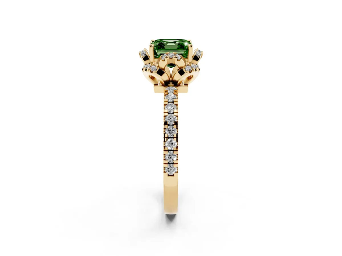 Fancy Green Asscher Cut Halo Diamond Pave Band Ring with Four-Prong Setting Yellow gold