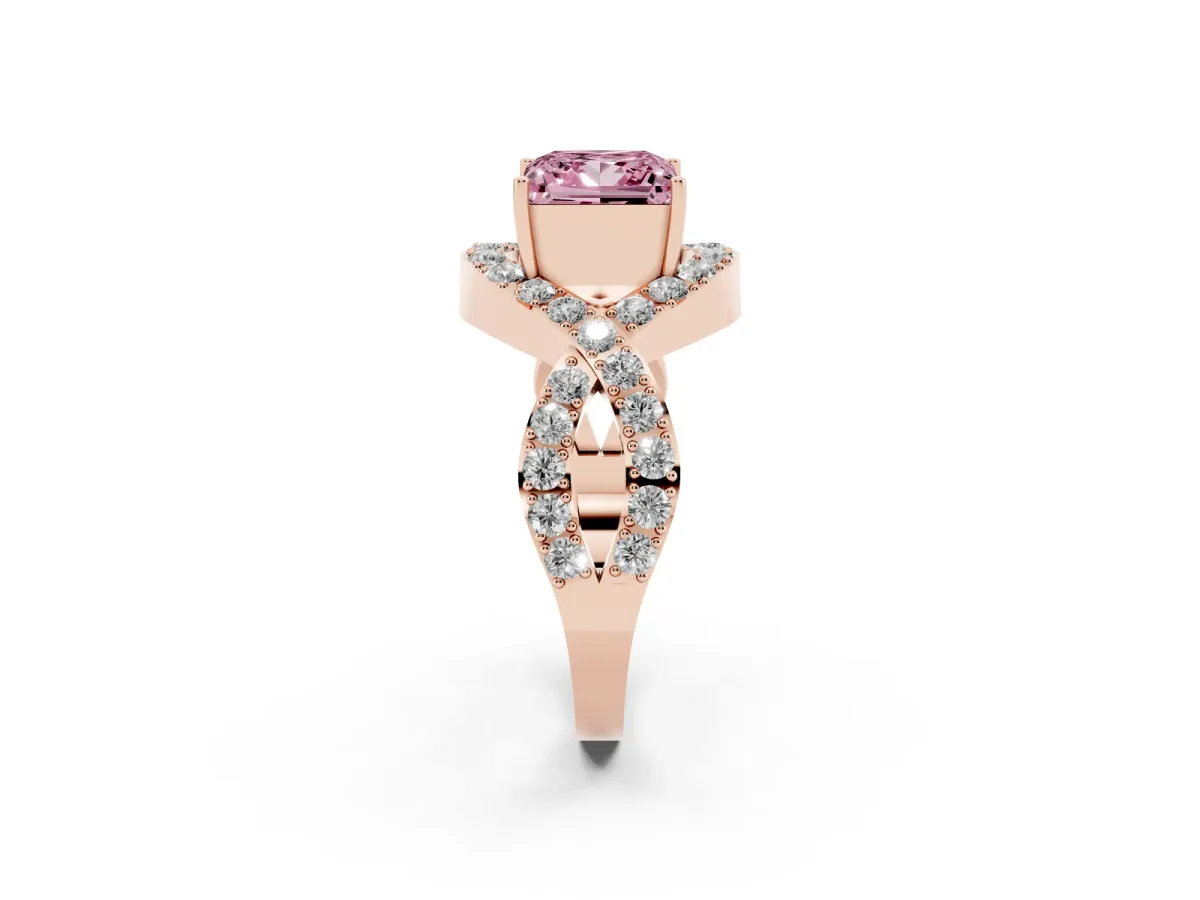 Fancy Pink Princess Cut Solitaire Twist Band Pavé Diamond Engagement Ring Rose gold