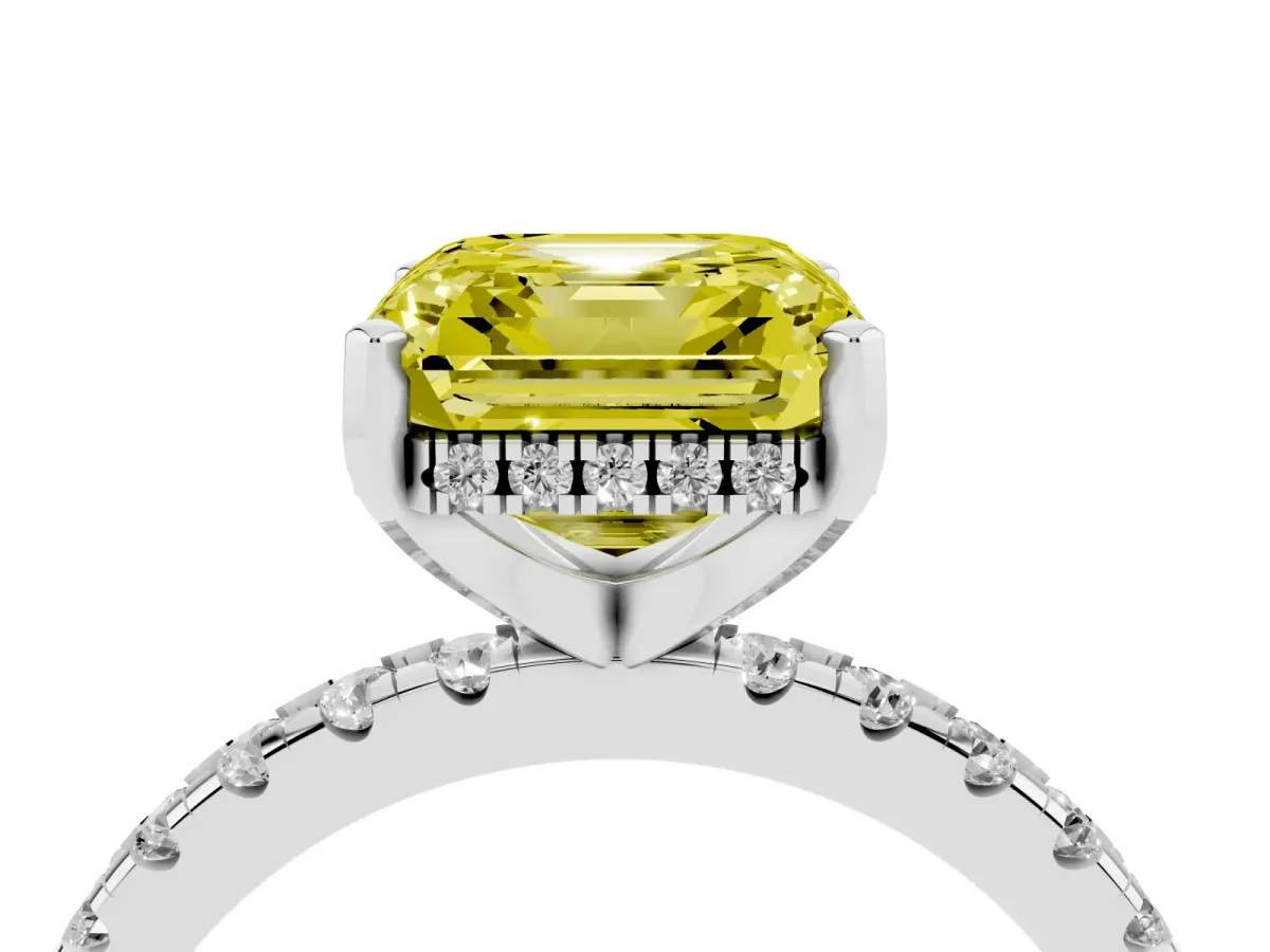 Fancy Yellow Asscher Cut Diamond Solitaire Ring with Round Pavé Band and Four-Prong Setting Silver