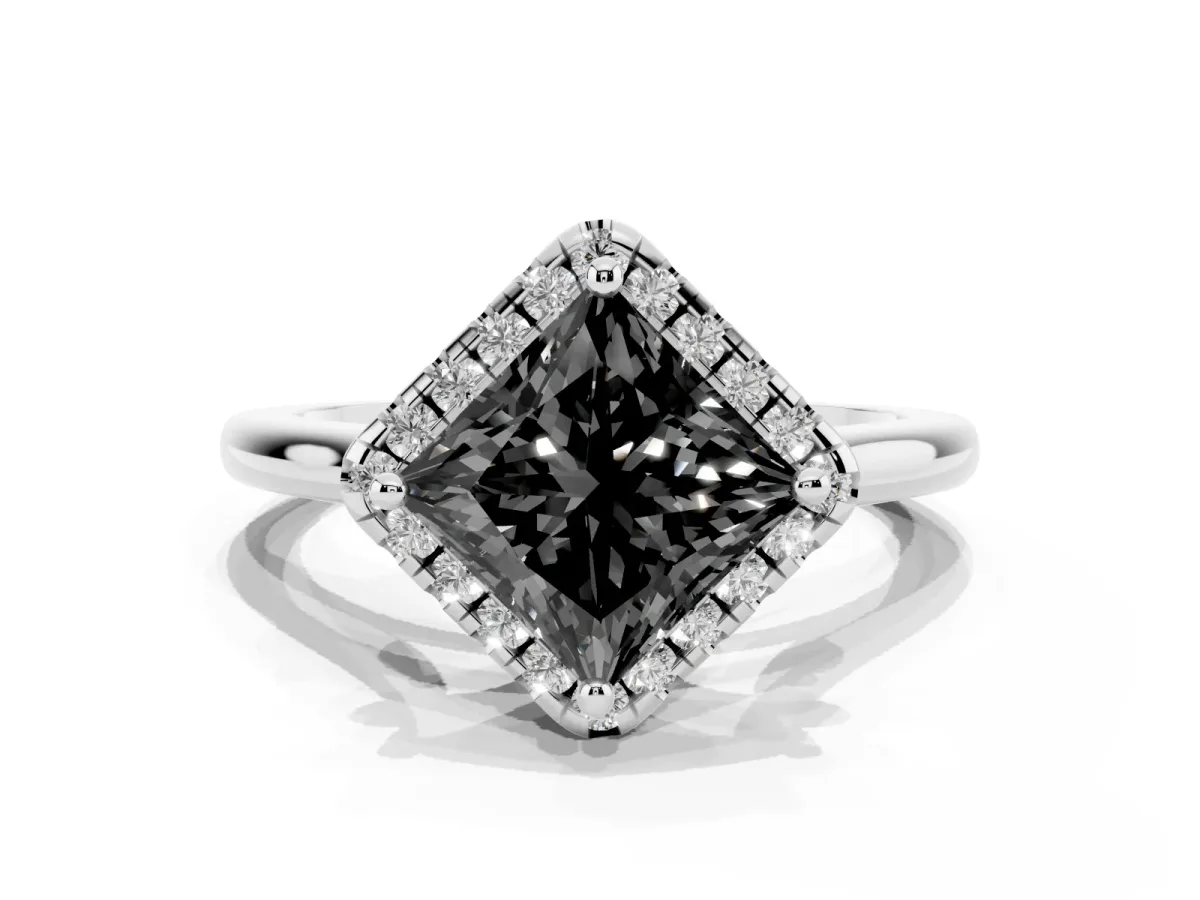 Fancy Black Princess Cut Halo Round Diamond Solitaire Engagement Ring with Pave Band and Four-Prong Setting White gold