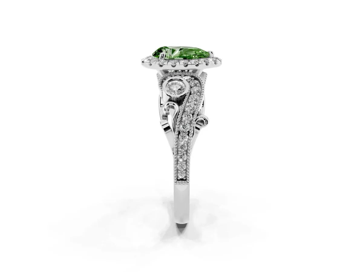 Fancy Green Pear Cut Diamond Halo Ring with Milgrain Pavé Band and Four-Prong Setting Platinum