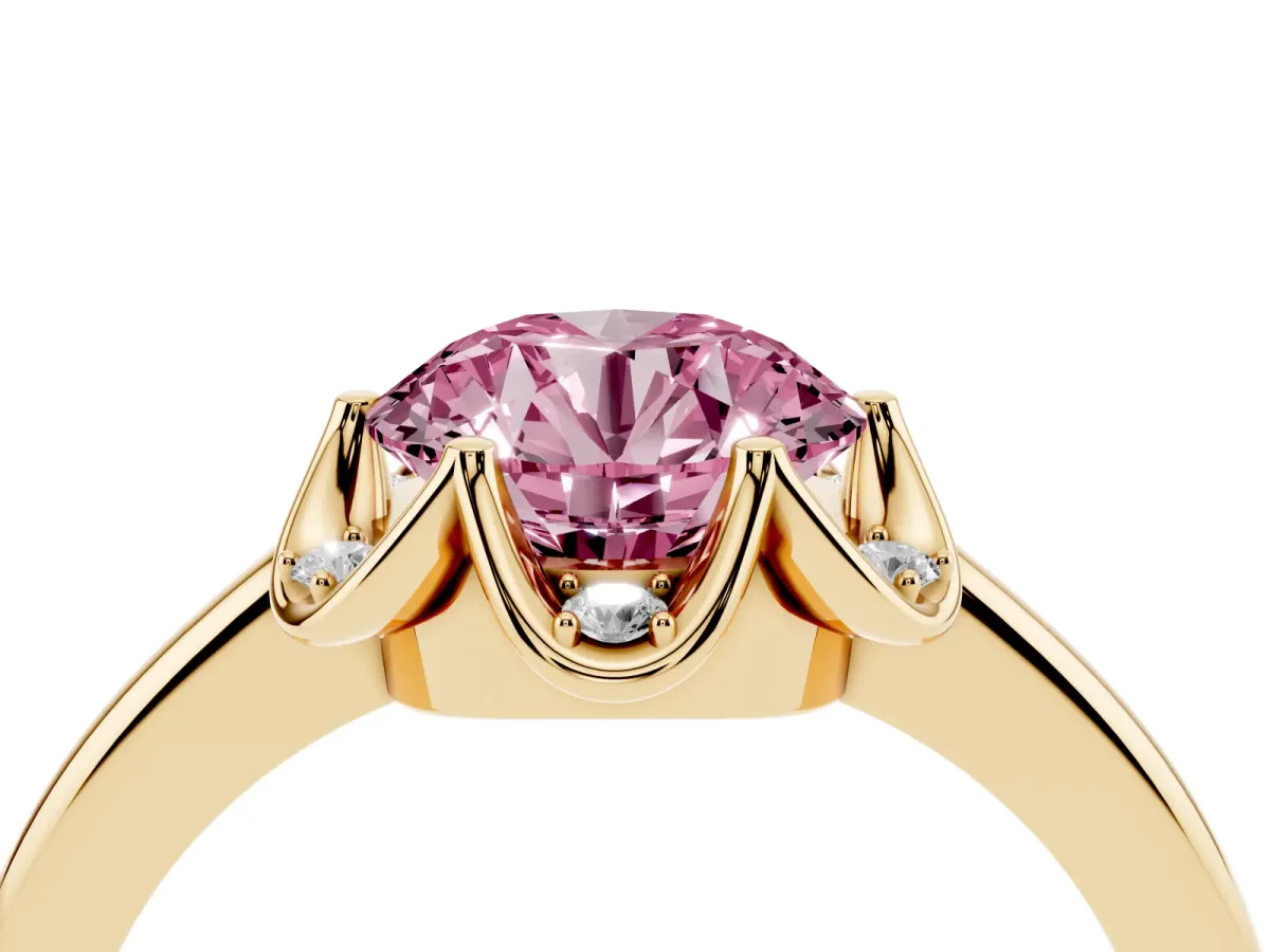 Fancy Pink Round Cut Halo Diamond Ring with Round Cluster Setting, Solitaire Band, and Four-Prong Setting Yellow gold