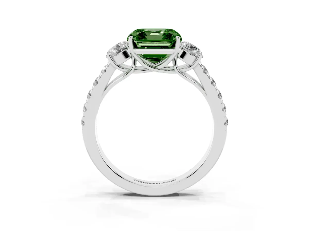 Fancy Green Asscher Cut Cut Diamond Three-Stone Ring with Round Side Stones and Pavé Band Platinum