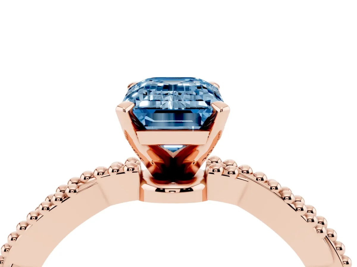Fancy Blue Emerald Cut Solitaire Twisted Band with Bead Prong Setting Rose gold