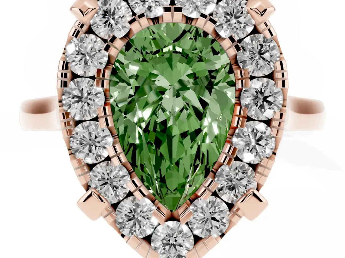 Fancy Green Pear Cut Diamond Cluster Halo Solitaire with Four-Prong Setting Rose gold