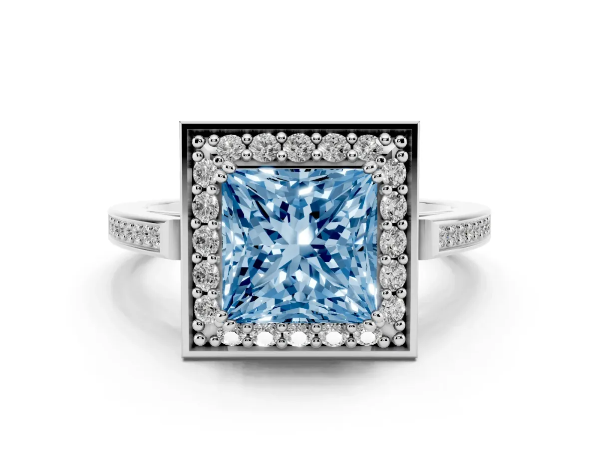 Fancy Blue Princess Cut Diamond Halo Ring with Split Shank and Four-Prong Setting Platinum