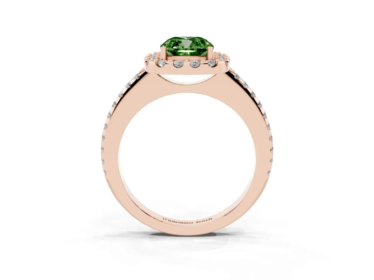 Fancy Green Cushion Cut Diamond Pavé Halo Ring with Four-Prong Setting Rose gold